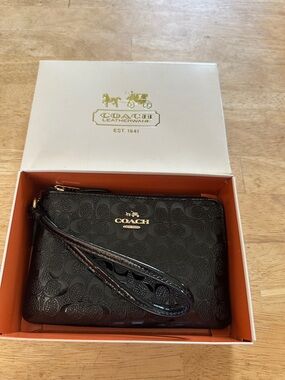 Coach Black Patent Signature Wristlet with Gold Logo